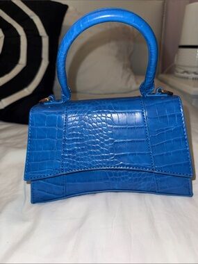 Miss Lola Blue Croc-Embossed Mini Top-Handle Bag